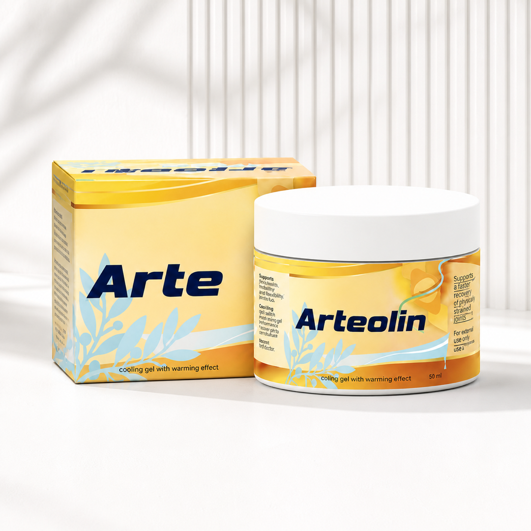 Kelímek a krabička Arteolin 50 ml na bílé žebrované stěně